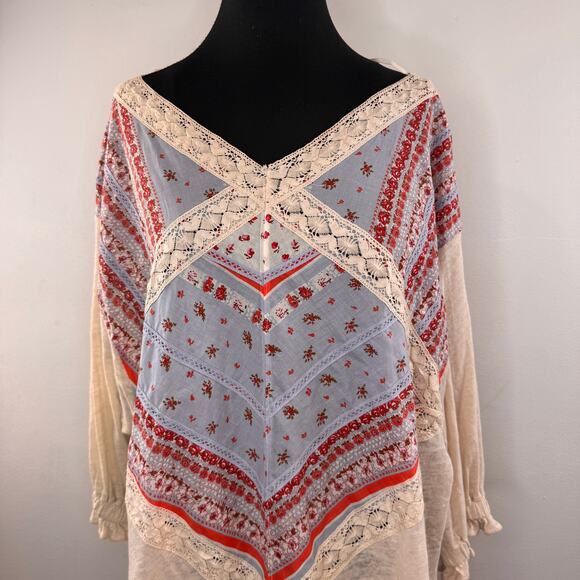 Free People Prairie Days Multi Blouse Linen Lace-Trim Dolman Sleeve Size Large L - Picture 2 of 7